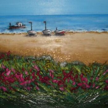 Painting titled "SPIAGGIA CON BARCHE" by M.D-Agostino, Original Artwork, Acrylic