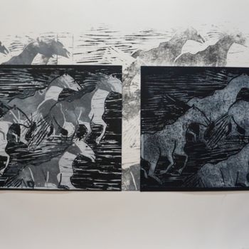 Estampas & grabados titulada "chevaux en liberté 1" por Dominique Duhot, Obra de arte original, Grabado Montado en Plexiglás
