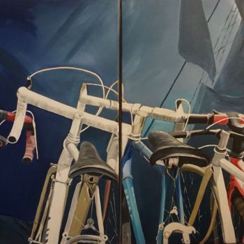Pittura intitolato "vélos bleus" da Dominique Duhot, Opera d'arte originale, Olio