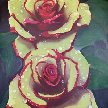 Painting titled "Roses Pourprées" by Noëlle Decombe, Original Artwork, Oil Mounted on Wood Stretcher frame