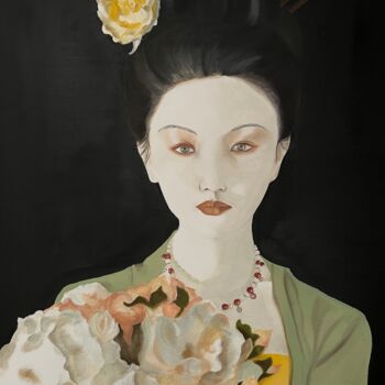Schilderij getiteld "Jeune asiatique aux…" door Noëlle Decombe, Origineel Kunstwerk, Olie Gemonteerd op Frame voor houten br…