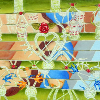 Картина под названием "Glass Hearts and Wi…" - D. Simons, Подлинное произведение искусства, Масло Установлен на Деревянная р…