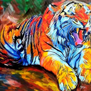 Painting titled "TIGRE" by Dabu., Original Artwork, Oil Mounted on Wood Stretcher frame