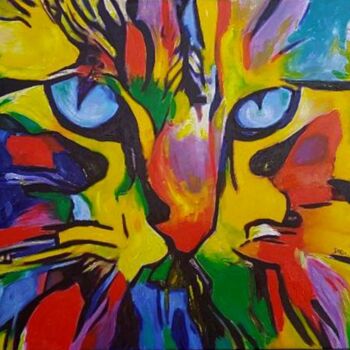 Painting titled "CAT.CHAT." by Dabu., Original Artwork, Oil Mounted on Wood Stretcher frame