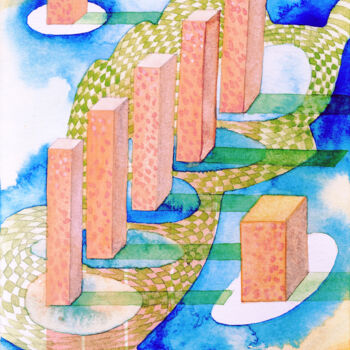 Peinture intitulée "Cotton Candy City 1" par Kim Dahyun, Œuvre d'art originale, Aquarelle