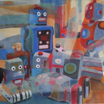 Painting titled "Brave Robots © 2017" by Barbara D'Adamo, Original Artwork, Oil
