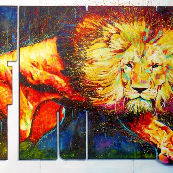 Malerei mit dem Titel "FREE COSMIC LION" von Dada Wa, Original-Kunstwerk, Öl