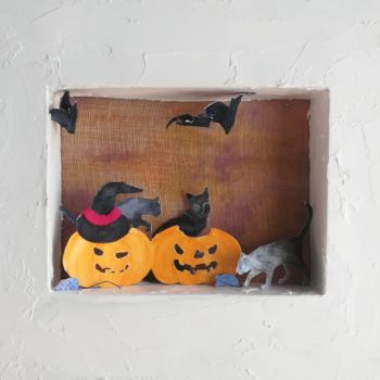 Colagens intitulada "gatti con zucche" por Dade, Obras de arte originais, Aquarela