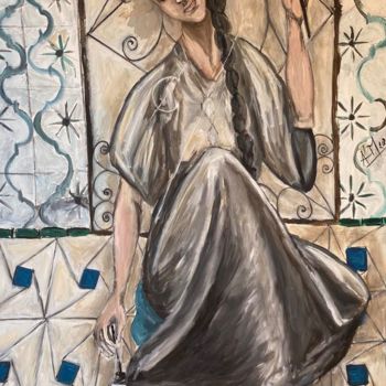 Painting titled "La tisseuse" by Manar Abou Elaoula (A’M), Original Artwork, Oil Mounted on Wood Stretcher frame