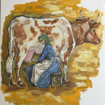 Painting titled "Woman milking a cow" by Manar Abou Elaoula (A’M), Original Artwork, Oil Mounted on Wood Stretcher frame