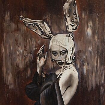 「Burlesque Bunny Que…」というタイトルの絵画 Daheaven Artによって, オリジナルのアートワーク, オイル ウッドストレッチャーフレームにマウント