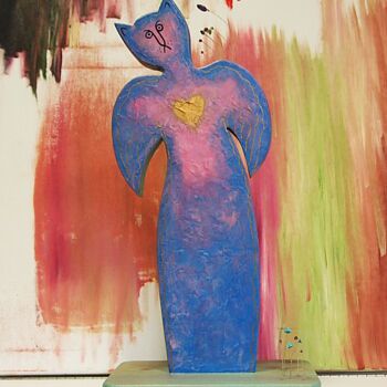 Γλυπτική με τίτλο "Angel the cat" από Daheaven Art, Αυθεντικά έργα τέχνης, Ξύλο