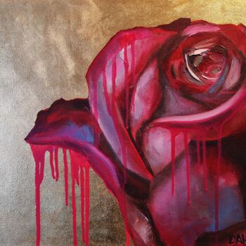 Schilderij getiteld "Dark pink rose on g…" door Daheaven Art, Origineel Kunstwerk, Olie Gemonteerd op Frame voor houten bran…