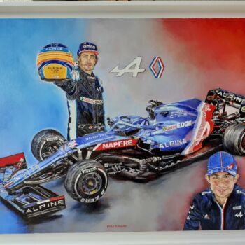 Painting titled "Alpine F1 A521  Alo…" by Daisy Schneider, Original Artwork, Oil Mounted on Wood Stretcher frame