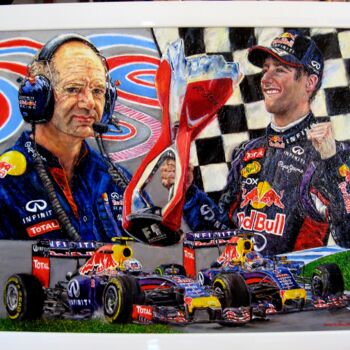 Painting titled "Red-Bull Ricciardo-…" by Daisy Schneider, Original Artwork, Oil Mounted on Wood Stretcher frame