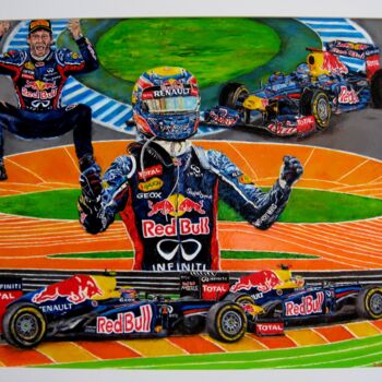 「Webber-Vettel  Red-…」というタイトルの絵画 Daisy Schneiderによって, オリジナルのアートワーク, オイル ウッドストレッチャーフレームにマウント