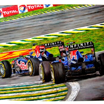 "Duel entre Red-Bull" başlıklı Tablo Daisy Schneider tarafından, Orijinal sanat, Petrol Ahşap Sedye çerçevesi üzerine monte…