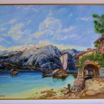 Painting titled "Lac insondable" by Daisy Schneider, Original Artwork, Oil Mounted on Wood Stretcher frame