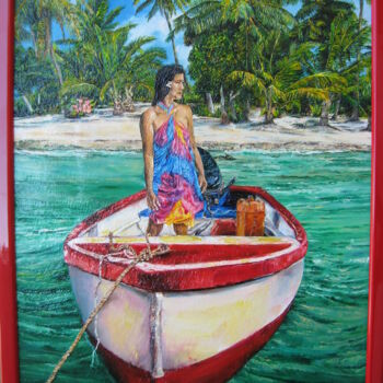 Painting titled "Vahiné à la barque" by Daisy Schneider, Original Artwork, Oil Mounted on Wood Stretcher frame