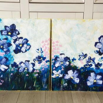 Malarstwo zatytułowany „Blues Flowers” autorstwa Dakota Capacha, Oryginalna praca, Akryl Zamontowany na Drewniana rama noszy