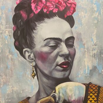 Printmaking titled "Frida Kahlo mixed" by Dalinina, Original Artwork, Digital Print Mounted on Wood Stretcher frame
