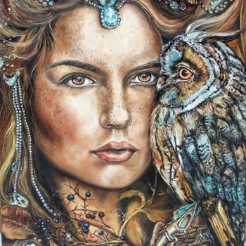 Painting titled "Woman with owl" by Dalinina, Original Artwork, Oil