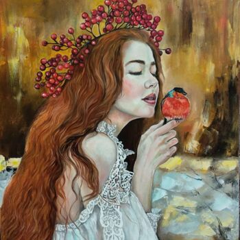 Painting titled "Girl with bullfinch…" by Dalinina, Original Artwork, Oil