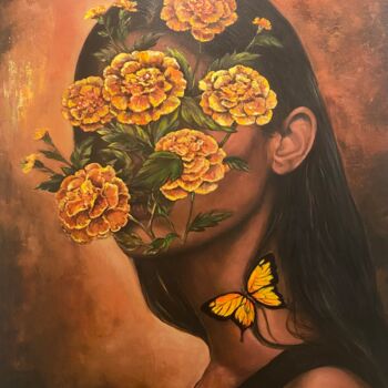 Printmaking titled "Yellow Butterfly" by Dalinina, Original Artwork, Digital Print Mounted on Wood Stretcher frame