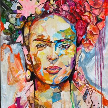 Painting titled "Frida Kahlo Emotions" by Dalinina, Original Artwork, Acrylic Mounted on Wood Stretcher frame