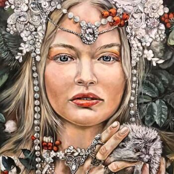 Malerei mit dem Titel "Woman with hedgehog" von Dalinina, Original-Kunstwerk, Öl