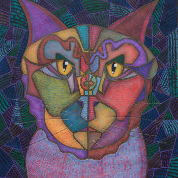 Painting titled "Gato Rey" by Damian Ignacio Eselevsky Esell, Original Artwork, Ink