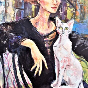 Painting titled "La dame au chat egy…" by Damian Tirado, Original Artwork, Acrylic