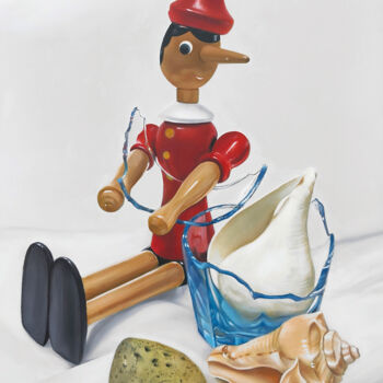 Schilderij getiteld "Pinocchio Artista" door Damiano Pizzetti, Origineel Kunstwerk, Olie Gemonteerd op Frame voor houten bra…