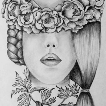 Drawing titled "Flowery girl" by Princessa Mingzhu, Original Artwork, Pencil