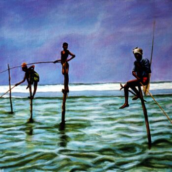 Malarstwo zatytułowany „Stilt fishing, Sri…” autorstwa Dan Civa, Oryginalna praca, Akryl