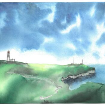 Painting titled "Lighthouse and cliff" by Dan Lago, Original Artwork, Watercolor