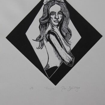 Gravures & estampes intitulée ""Reyna"" par Dan Mendoza, Œuvre d'art originale, Linogravures