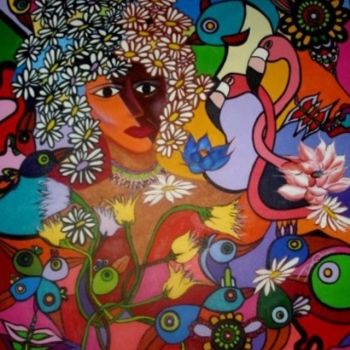 Painting titled "Dama Flor" by Dan Quínamo, Original Artwork, Acrylic