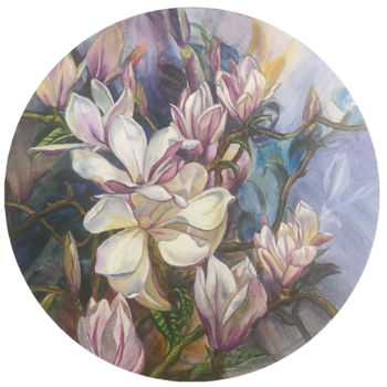 Malarstwo zatytułowany „Magnolia la nuit” autorstwa Dan Xu, Oryginalna praca, Olej Zamontowany na Drewniana rama noszy