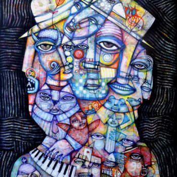 Картина под названием "Portrait with Hats" - Dan Casado, Подлинное произведение искусства, Акрил Установлен на Деревянная ра…
