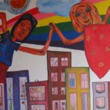 Schilderij getiteld "Happy flying couple" door Danar, Origineel Kunstwerk, Olie