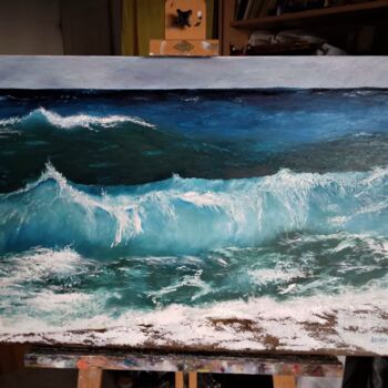 Painting titled "La Vague" by Brukho, Original Artwork, Oil Mounted on Wood Stretcher frame