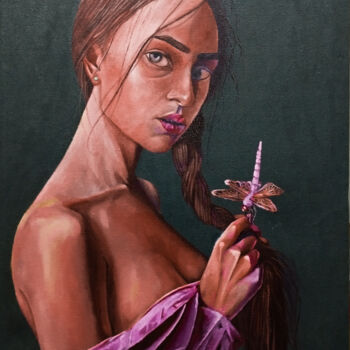 Painting titled "Girl with dragonfly" by Ahmed Khan, Original Artwork, Oil