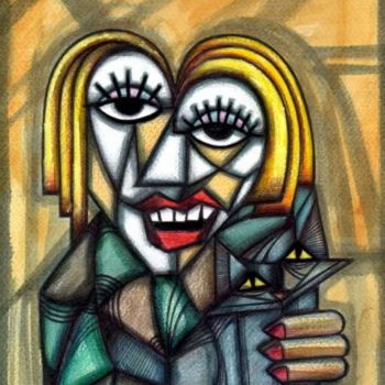 Desenho intitulada "MUJER CON GATO" por Dangar, Obras de arte originais