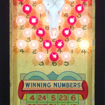 Sculpture titled "Winning Numbers" by Dangerous Minds Artists, Original Artwork, Bone Mounted on Wood Panel