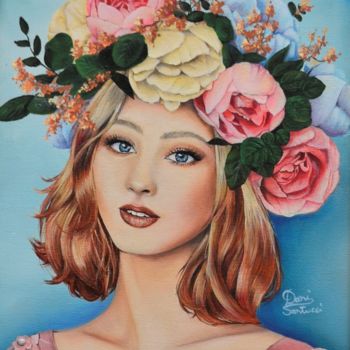 Painting titled "Lady with flowers" by Dani Santucci, Original Artwork, Oil