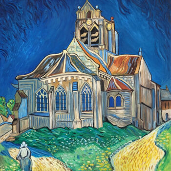Painting titled "Reproduction Eglise…" by Daniel Ballavoisne, Original Artwork, Oil Mounted on Wood Stretcher frame