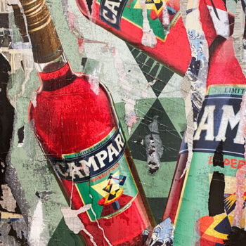 Collages getiteld "Campari" door Daniel Carena, Origineel Kunstwerk, Collages Gemonteerd op Frame voor houten brancard
