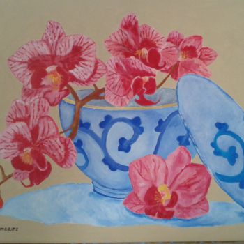 Pintura intitulada "Orchidée dans un bol" por Daniel Moritz, Obras de arte originais, Óleo