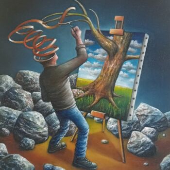 Painting titled "L'arbre" by Daniel Schaub, Original Artwork, Oil Mounted on Wood Stretcher frame